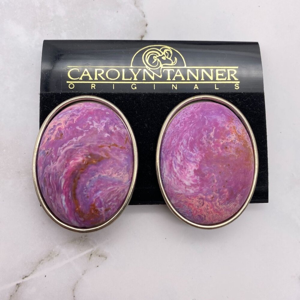 Vintage Carolyn Tanner marbled purple oval clip on earrings 80s‎ 90s NOS